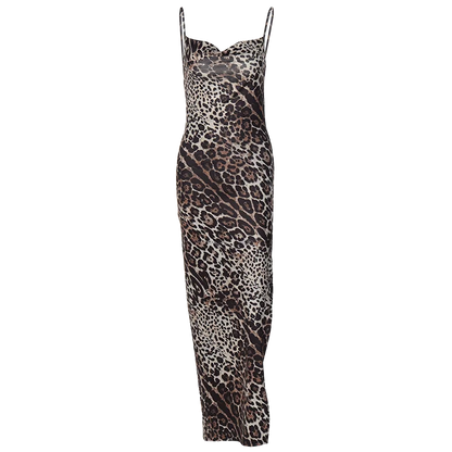 Hugcitar Leopard Print Swing Collar Sleeveless Sexy Maxi Slit Prom Dress Summer Women Fashion Y2K Clothes Party Beach Vacation