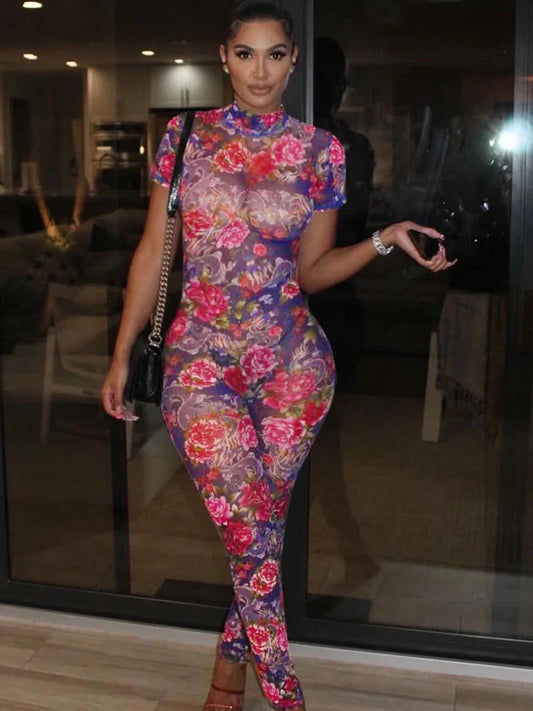 kliou Aesthetic Printed Women Jumpsuits Fashion Sexy Panelled Short Sleeve Backless Stand Collar Slim Overalls Mujer Clubwear