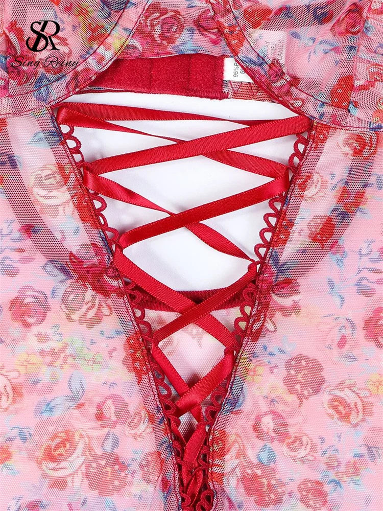 SINGREINY Hotsweet Print Gauze Bodysuit Ruffles Hollow Out Bandage Slim Open Crotch Thin Rompers Female Sexy NightwearPlaysuits