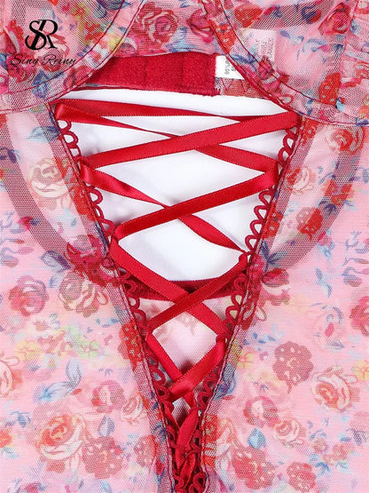 SINGREINY Hotsweet Print Gauze Bodysuit Ruffles Hollow Out Bandage Slim Open Crotch Thin Rompers Female Sexy NightwearPlaysuits