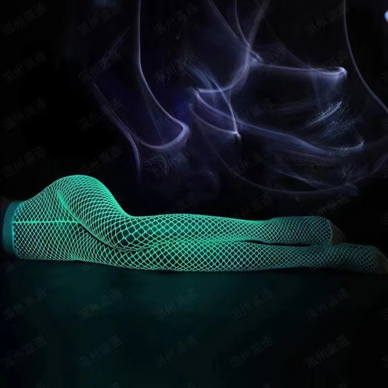 Night Fluorescent Women's Long Socks Fishnet Body Stockings Curve Lingerie Mesh Fabric High Waist Sex Tights Sexy Bodysuits