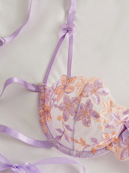 Floral Embroidery Transparent Mesh Bra Brief Sets Ultra Thin Straps Flowers Lace Sexy Lingerie Half Cup Woman Underwear 2025