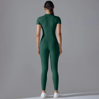 Naked zipper short sleeved yoga suit jumpsuit, quick drying breathable outdoor sports tight fitting jumpsuit, fitness suit