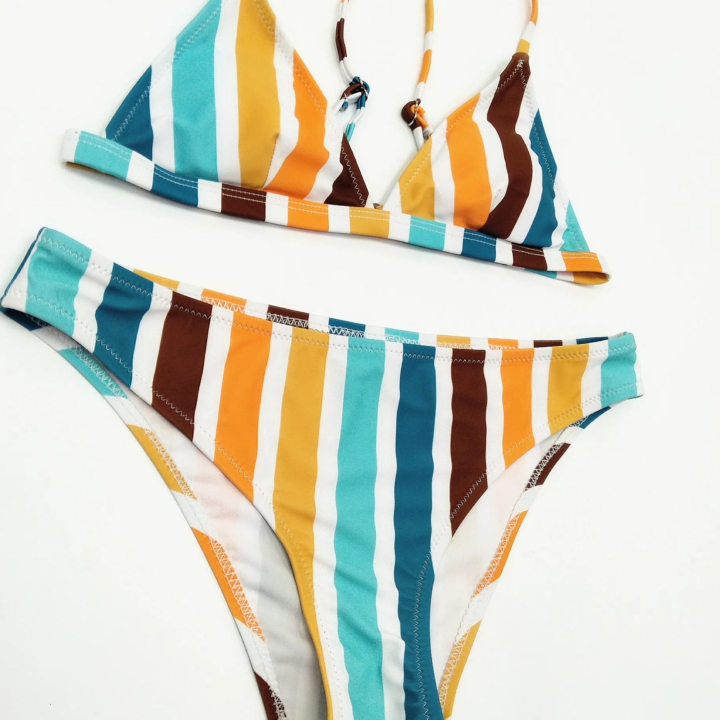 Circyy Bikini Set Women Rainbow Striped Halter Split Swimsuit Two-piece Sexy Thongs Summer 2025 New Holiday Beach Bathing Suit