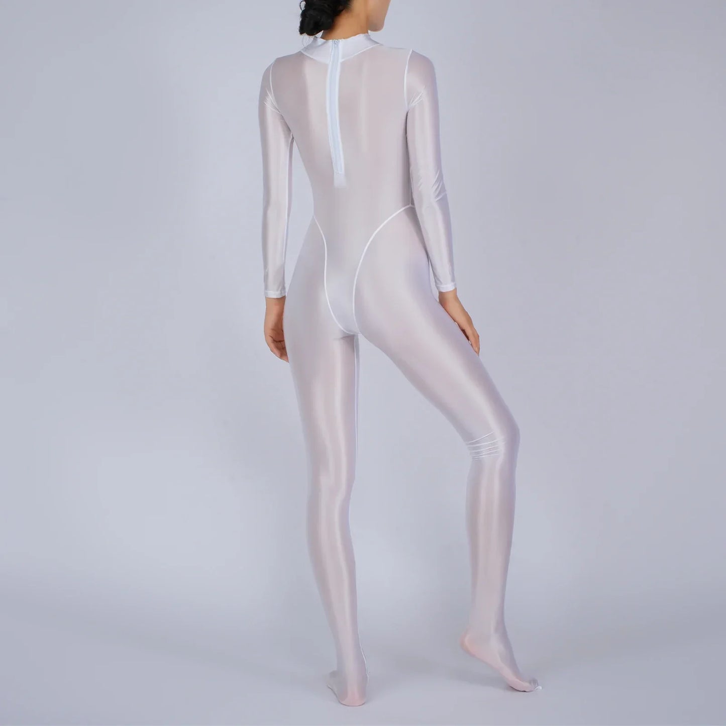 Womens Glossy Full Body Jumpsuit See Through Sheer Catsuits Bodystockings Long Sleeve Footed One Piece Gym Yoga Tights Bodysuit