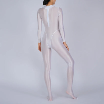 Womens Glossy Full Body Jumpsuit See Through Sheer Catsuits Bodystockings Long Sleeve Footed One Piece Gym Yoga Tights Bodysuit
