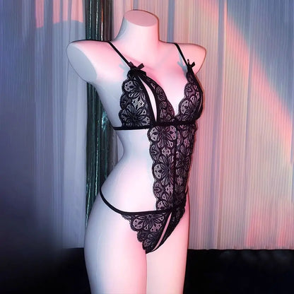 Sweet Deep V Neck Lace Bow Bodysuit Mesh Hollow Transparent Women Lingerie Jumpsuits Sleeveless Lace Sling Nightwear Gifts