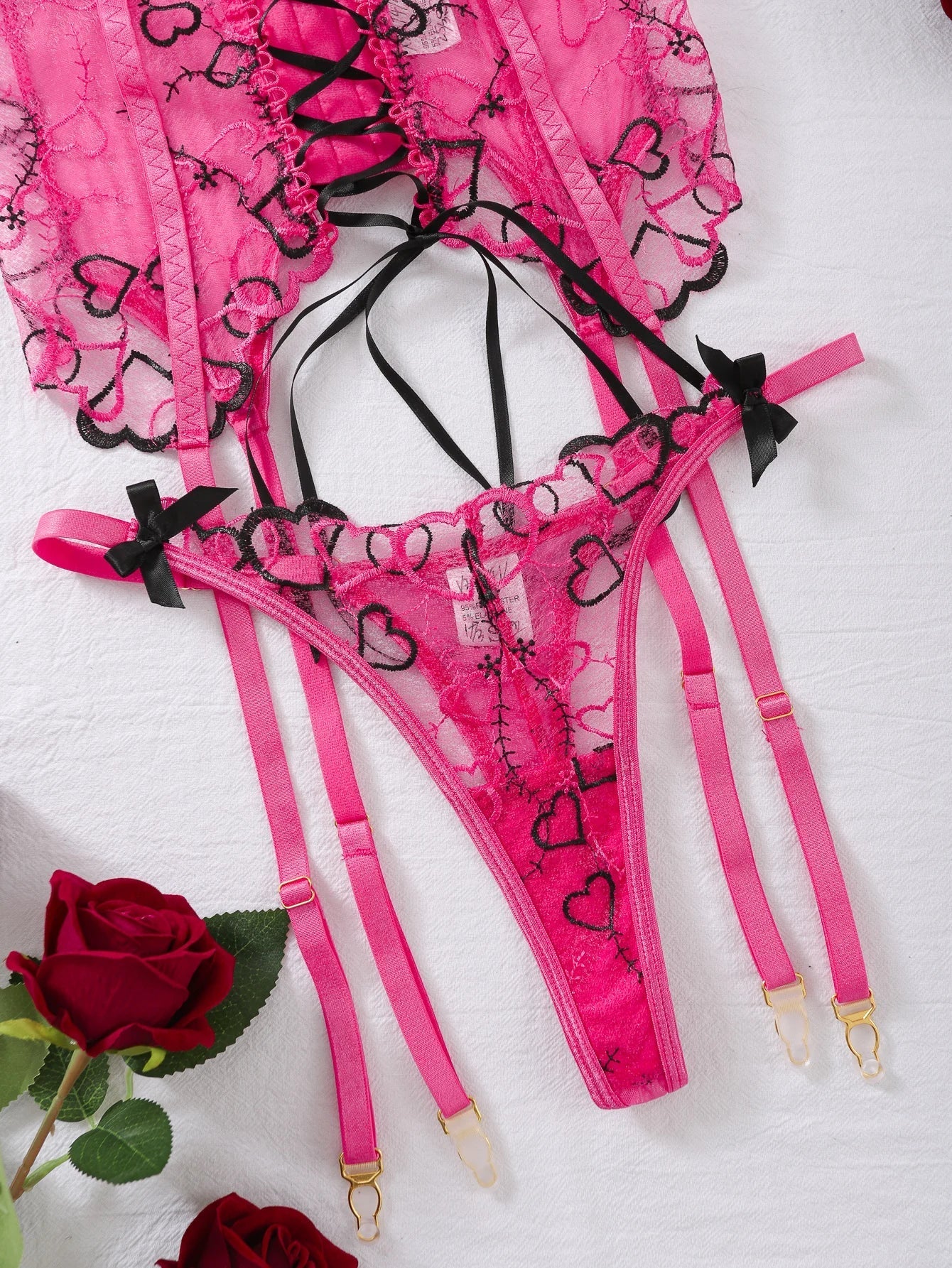 Mesh Erotic Women's Lingerie Set Lace See Through Sexy Heart Shape Embroidery Underwear and Thong Porn three-piece Set