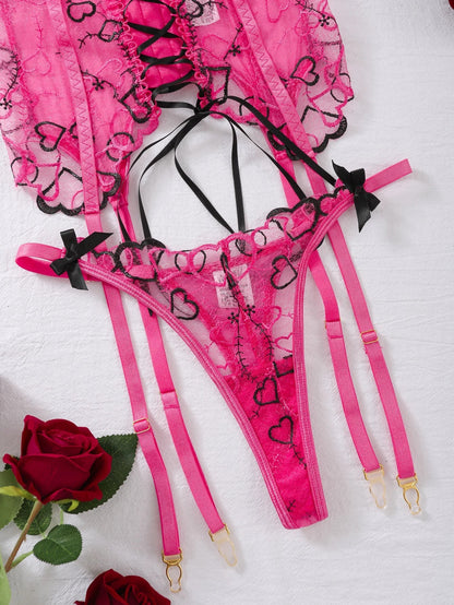 Mesh Erotic Women's Lingerie Set Lace See Through Sexy Heart Shape Embroidery Underwear and Thong Porn three-piece Set