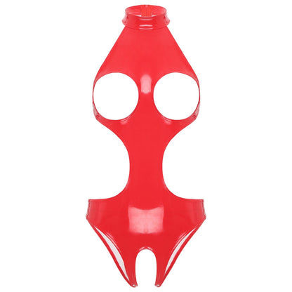 Womens Wet Look Faux Leather Hollow Out Open Breast Leotard Bodysuit Halter Neck Crotchless Jumpsuit Lingerie Teddy Nightwear