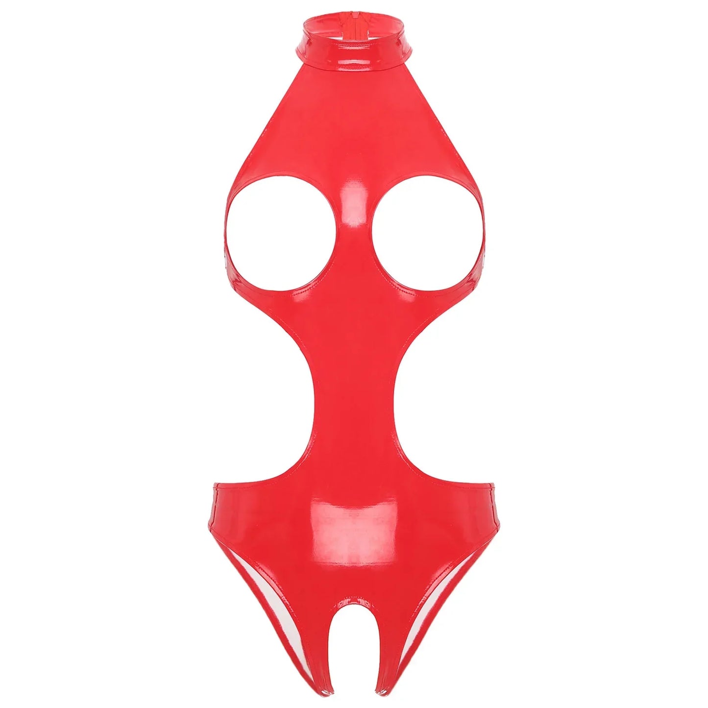 Womens Wet Look Faux Leather Hollow Out Open Breast Leotard Bodysuit Halter Neck Crotchless Jumpsuit Lingerie Teddy Nightwear