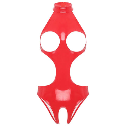 Womens Wet Look Faux Leather Hollow Out Open Breast Leotard Bodysuit Halter Neck Crotchless Jumpsuit Lingerie Teddy Nightwear