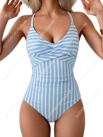 B2prity Women's One Piece Swimsuits Tummy Control Front Cross Bathing Suits Tie Back Slimming V Neck Swimwear