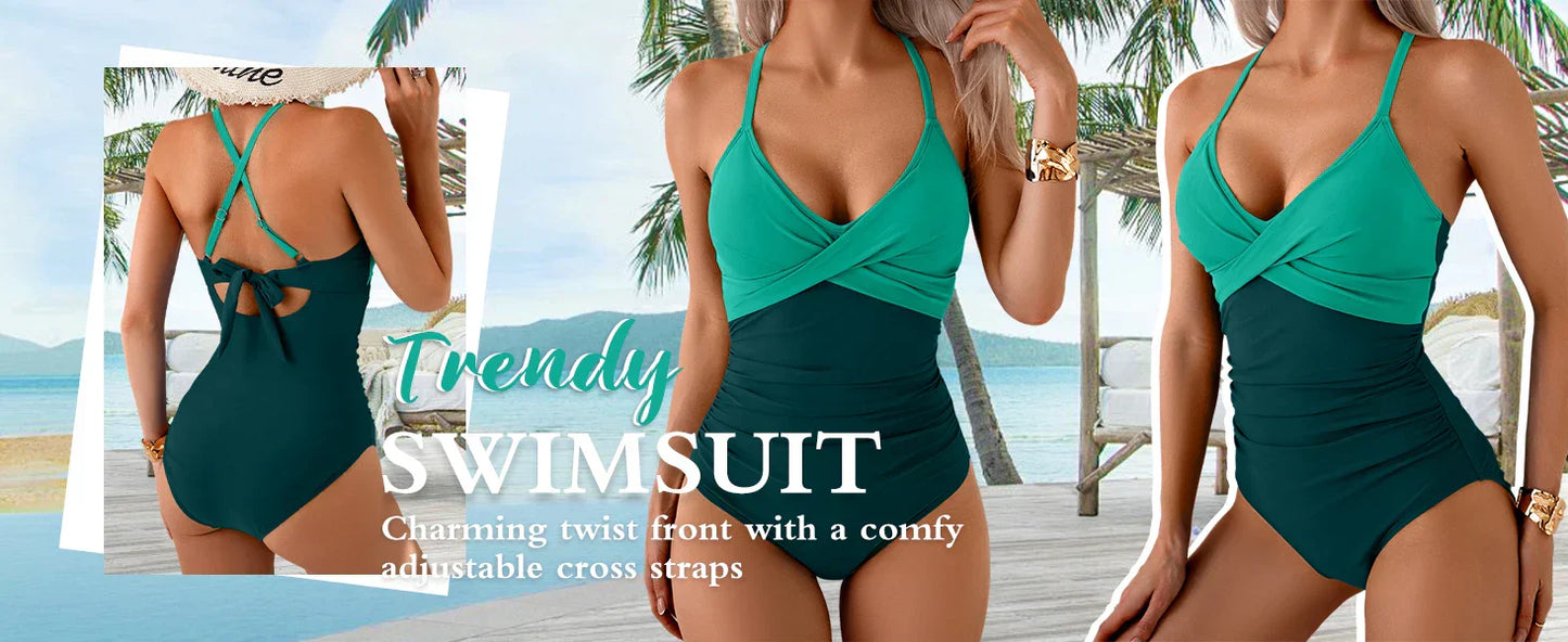 B2prity Women's One Piece Swimsuits Tummy Control Front Cross Bathing Suits Tie Back Slimming V Neck Swimwear