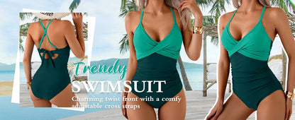 B2prity Women's One Piece Swimsuits Tummy Control Front Cross Bathing Suits Tie Back Slimming V Neck Swimwear