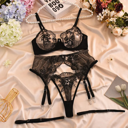SINGREINY Female Sheer Gauze Lingerie Set Sexy Transparent Embroidery Bra&Brief Sets Ladies Hollow Out Erotic Underwear Suits