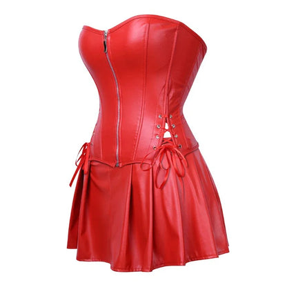 Faux Leather Corset Top Women Leather Corset Dresses Zipper Gothic PU Leather Corset Sexy Ladies Eyelet Up Pleated Dress Corsets