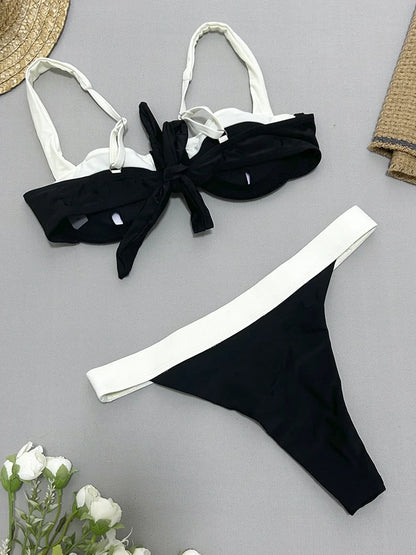 2024 New Sexy U-Bar Bikini Sets Swimsuit For Women Push Up Swimwear Contrast Color Patchwork Bathing Suit Two Pieces Beachwear