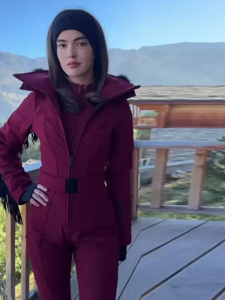 Casual Solid Tassels Women's Ski Suit Zippers Fur Hooded Slim High Waist Lady Jumpsuits 2025 Winter Fashion Female Warm Skiwear