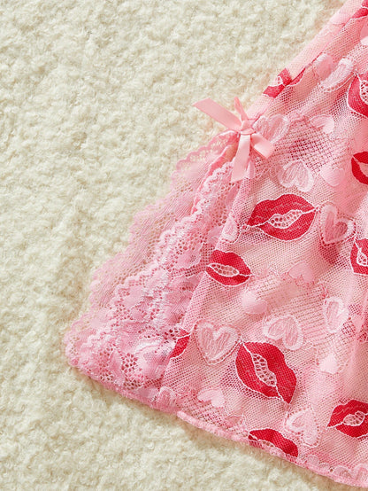Women Pink Lips Love Print Nightdress Sexy Lace Bow Adult Dress Babydoll Sex Sleepdress And Thongs Lingerie Sets Erotic Outfits