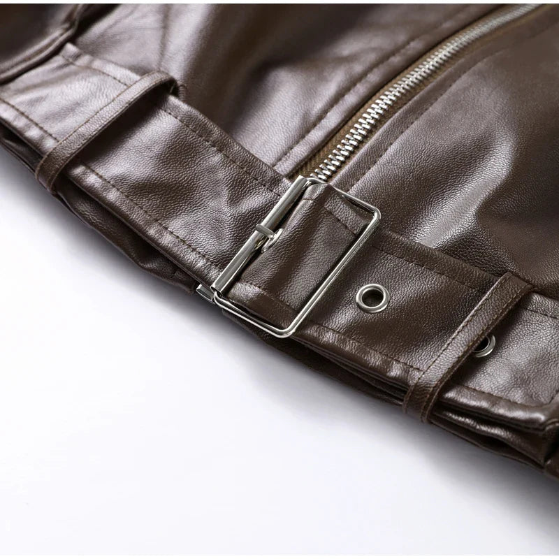 Street Stand Collar Women's Leather Jacket Loose Long Sleeve Zipper Pockets Chic Female Coats 2025 Autumn Winter Lady Outerwear