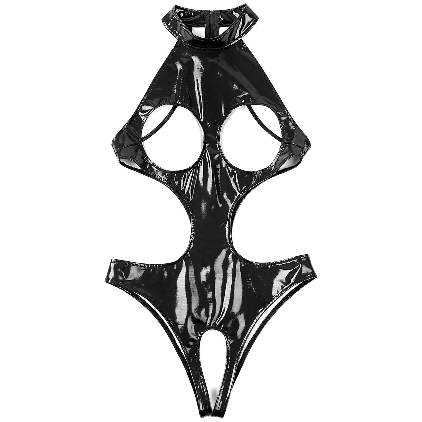Womens Wet Look Faux Leather Hollow Out Open Breast Leotard Bodysuit Halter Neck Crotchless Jumpsuit Lingerie Teddy Nightwear