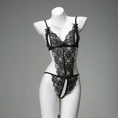 Sweet Deep V Neck Lace Bow Bodysuit Mesh Hollow Transparent Women Lingerie Jumpsuits Sleeveless Lace Sling Nightwear Gifts