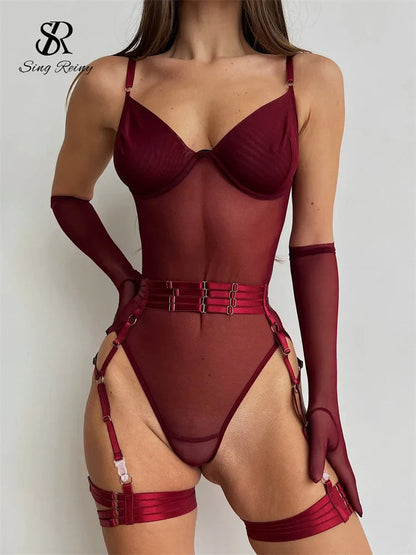 SINGREINY Sensual Sheath Solid Lingerie Rompers Fashion Oversleeve Strapless Slim Playsuits Women Sheer Mesh Sexy Bodysuits