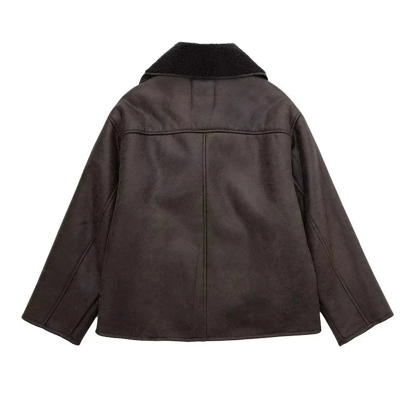 MUJER Faux Leather Jackets for Women Winter Warm Bomber Jacket Woman Long Sleeve Womens Coats Plush Oversized Women's Jackets