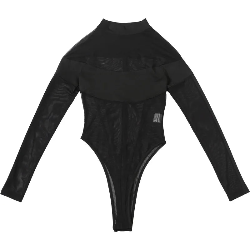 See Through Mesh Splicing Sexy Bodysuit Lingerie One-pieces Y2k Clothes Long Sleeve Body Feminino Hot Tops For Women Rave Outfit