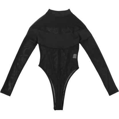 See Through Mesh Splicing Sexy Bodysuit Lingerie One-pieces Y2k Clothes Long Sleeve Body Feminino Hot Tops For Women Rave Outfit
