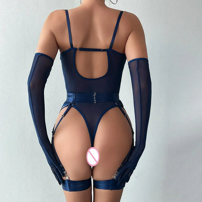 Bodysuit Sexy One-piece With Gloves Garters Mesh Women Rompers Clothing Body Suits Lace Jumpsuit Sweet Korean Women EV5W