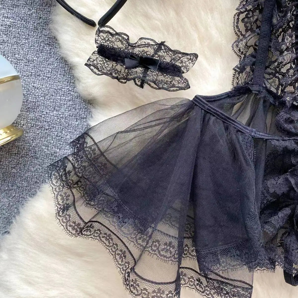 Lolita Strap Bodysuit With Cross Lace Up Hollow Patchwork Playsuit Double-Layer Sheer Mesh Sweet Women's Pajamas Sexy Lingerie