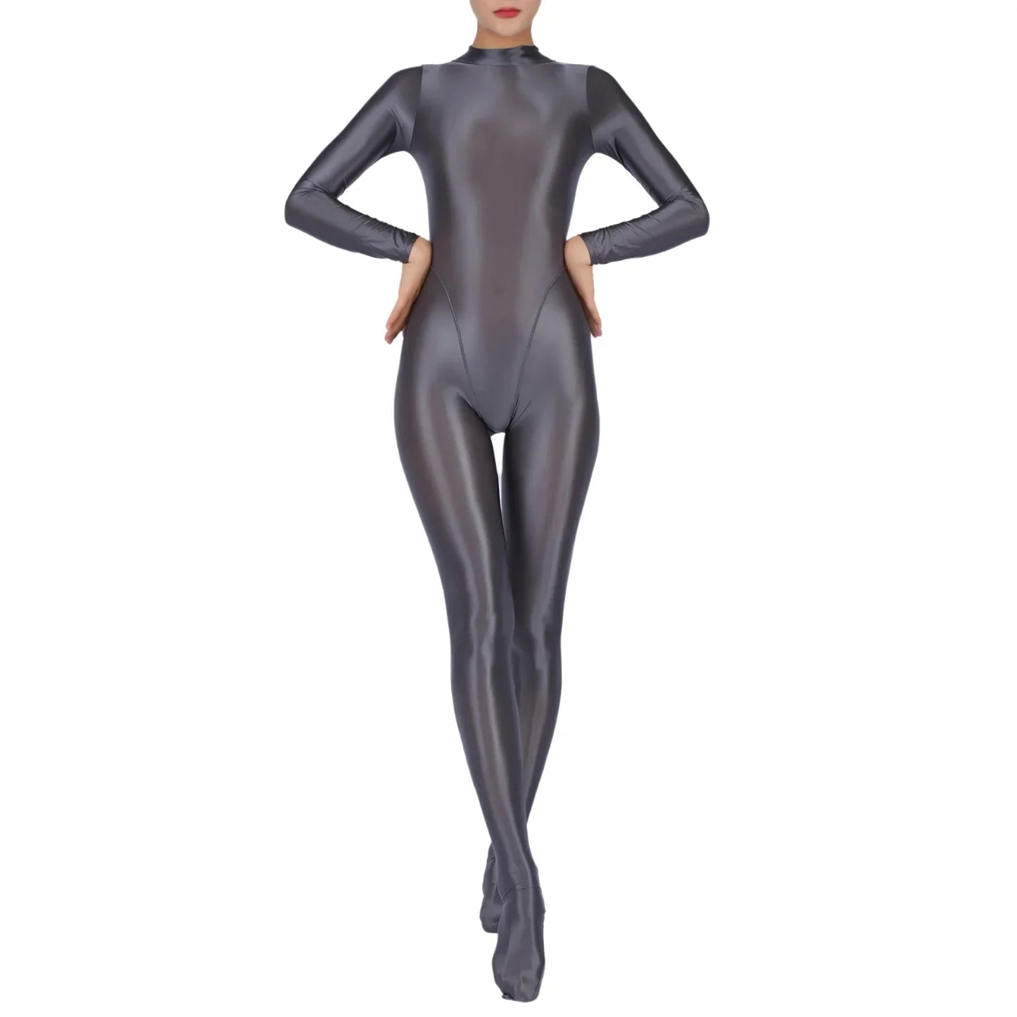 Womens Glossy Full Body Jumpsuit See Through Sheer Catsuits Bodystockings Long Sleeve Footed One Piece Gym Yoga Tights Bodysuit