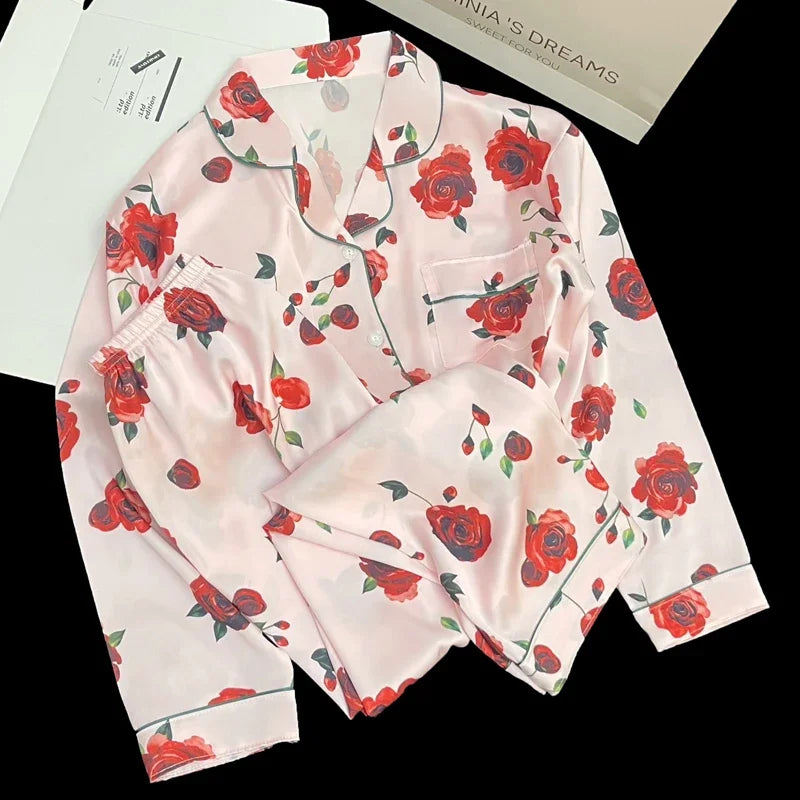 European Style Elegant Classy Fashion Trendy Female Lounges Aesthetics Print Spring Autumn Sleepwear for Women Y2k Sweet Pajamas