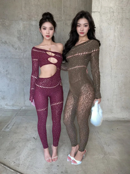 Hot Stamping Bodystocking Lingerie Sparkling crystal Jumpsuit Mesh Body Suits For Women Romper Jumpsuits Mesh Lace Sheer A4HM