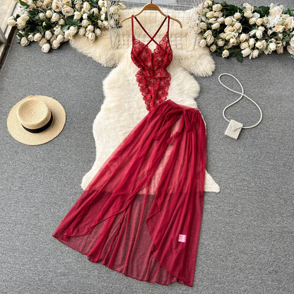 SINGREINY Lace Sensual Erotic Two Pieces Suits Camis Short Bodysuits Tops+Midi Long Mesh Chiffon Skirts Women Underwear Sets