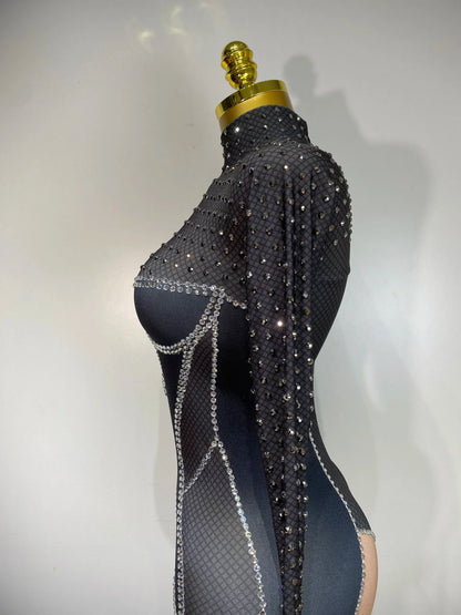 STOCK Sparkly Diamond Women Sexy Mesh Jumpsuit Nightclub Bar Party Show Gogo Dancer Clothing Drag Queen Outfit Stage Costume