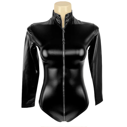 Oil Faux Latex Catsuit Elastic PU Leather Zipper Open Crotch Long Sleeve Bodysuit Tights Cosplay Clubwear Body Teddies Swimsuit