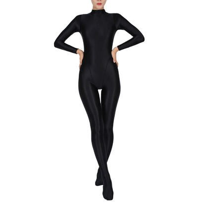 Womens Glossy Full Body Jumpsuit See Through Sheer Catsuits Bodystockings Long Sleeve Footed One Piece Gym Yoga Tights Bodysuit