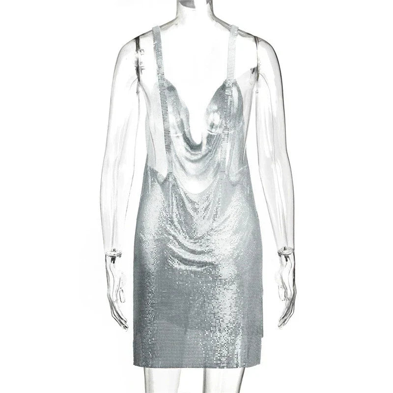 Women's 90s Rave Glitter V-Neck Lace-Up Sequin Mini Dress Y2K Clubwear Sexy Backless Bodycon with Metal Detail for Party