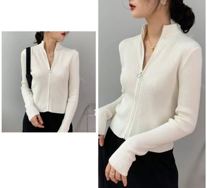 Spring Autumn Zipper Cardigan Women Sweaters Knitted Long Sleeve Stand-up Collar Tops Korean Fashion Short Sweater for Female