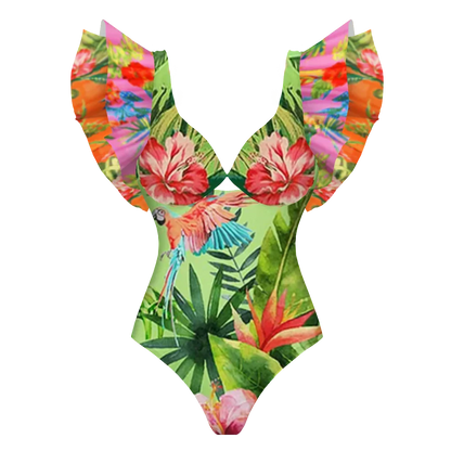 2025 New Sexy V-Neck One Piece Swimsuit Belt Swimwear Women Ruffle Monokini Push Up Swim Suit Colorful Bathing Suit Female Beach