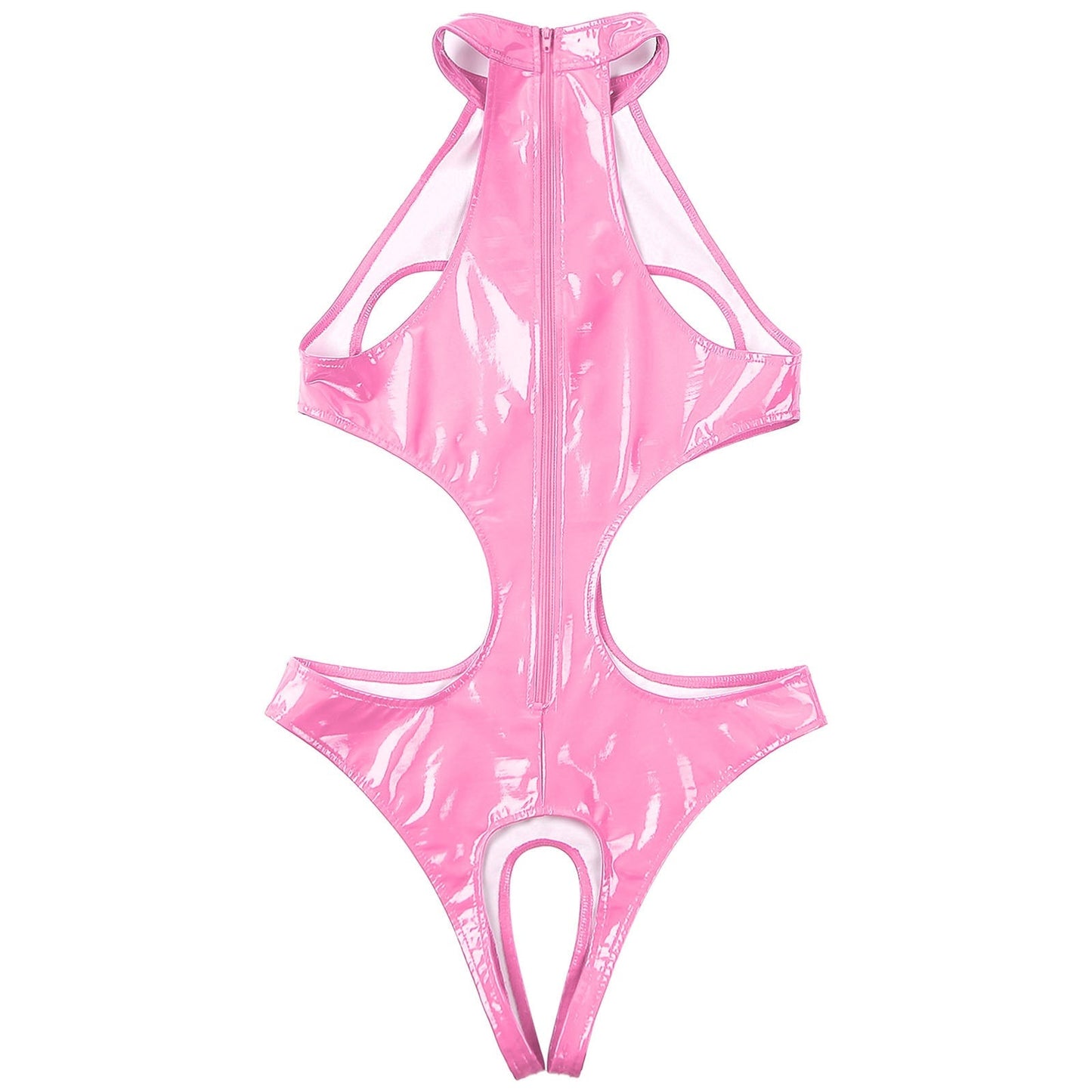 Womens Wet Look Faux Leather Hollow Out Open Breast Leotard Bodysuit Halter Neck Crotchless Jumpsuit Lingerie Teddy Nightwear