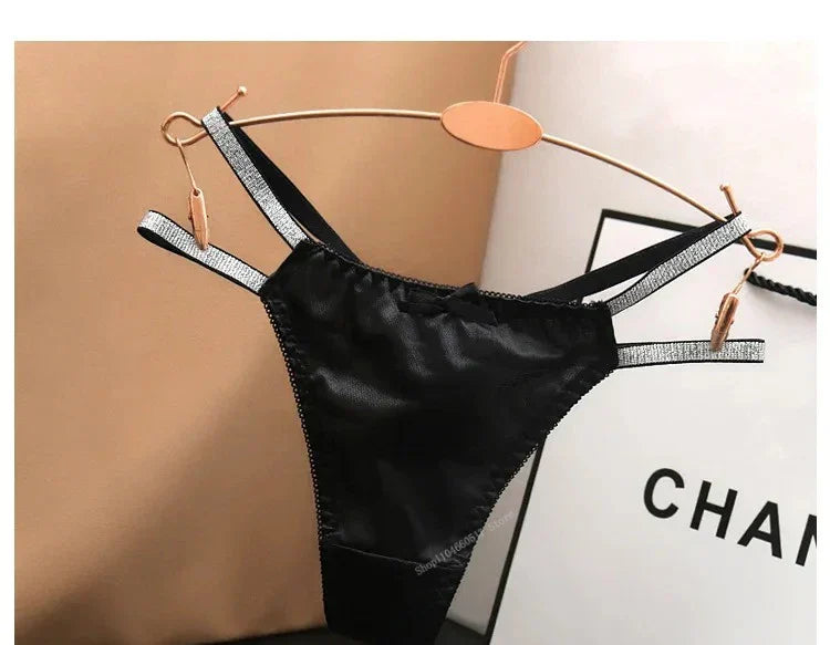 Sexy Silk Satin Thongs Hollow Out Fashion Solid Color Panties Cotton Crotch Low Waist Breathable Pure Color Women's Underwear