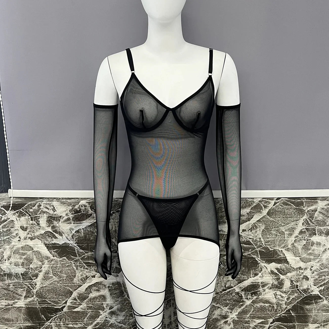 Yimunancy Sheer Mesh Lingerie Set Women 4-Piece Backless Sexy Dress Sexy Erotic Solid Brief Underwer Set Nightwear
