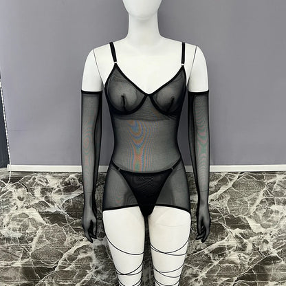 Yimunancy Sheer Mesh Lingerie Set Women 4-Piece Backless Sexy Dress Sexy Erotic Solid Brief Underwer Set Nightwear