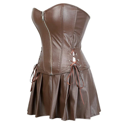 Faux Leather Corset Top Women Leather Corset Dresses Zipper Gothic PU Leather Corset Sexy Ladies Eyelet Up Pleated Dress Corsets