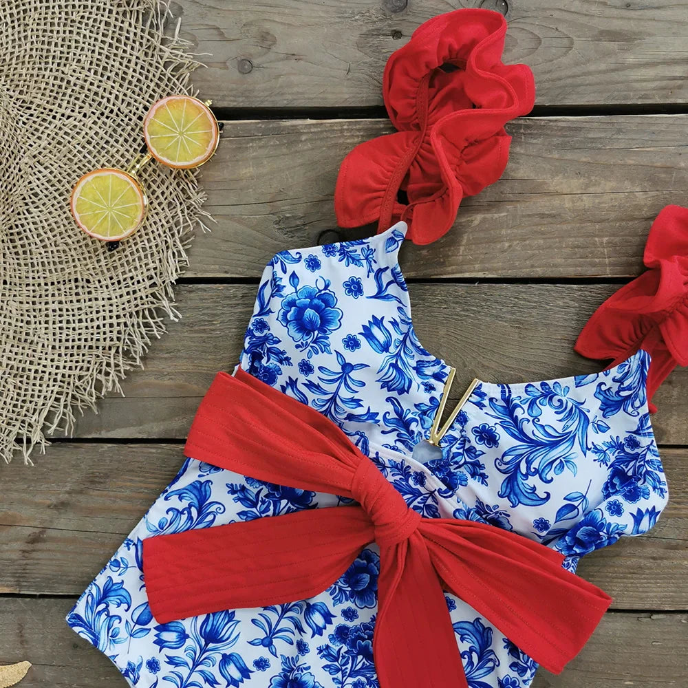 2025 New Sexy V-Neck One Piece Swimsuit Belt Swimwear Women Ruffle Monokini Push Up Swim Suit Colorful Bathing Suit Female Beach