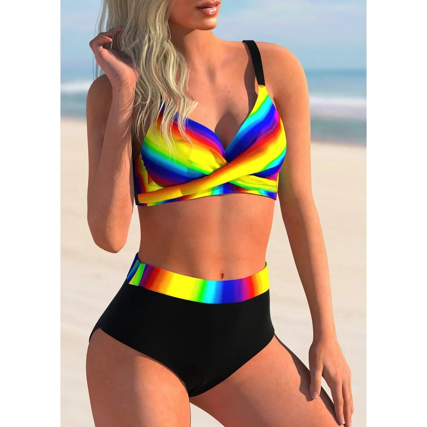 High Waist Triangle Swimsuit Bikini Set Fashionable Printed Cross Chest Bag Women's Swimwear Trendy Beachwear Ensemble